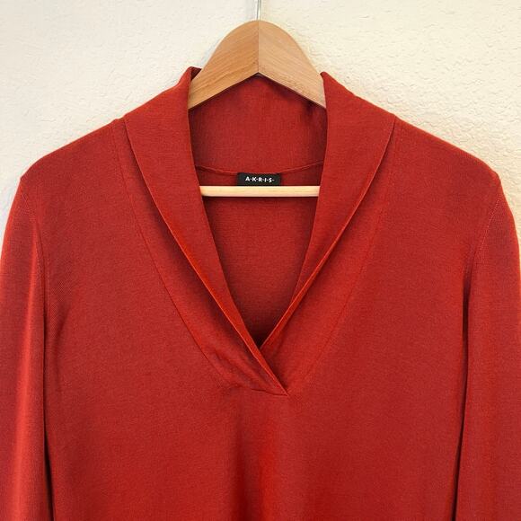 AKRIS Cashmere Silk Sweater Womens 10 M Shawl Collar Quiet Luxury Rust Orange - Picture 3 of 10